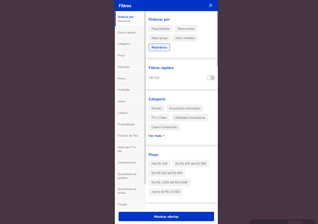 Interface do filtro de pesquisa mobile do MSite